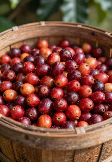 Close-up of a rustic wooden basket overflowing with bright red coffee cherries in a sun-drenched South American / Latin plantation. Natural, rich colors and organic textures.