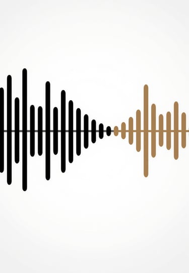 A stylized graphic of sheet music transitioning into a soundwave pattern, using brand colors #0A0A0A and #8D765D.