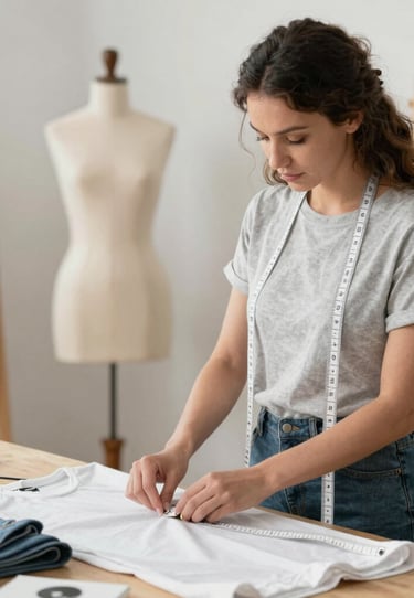 mujer con cinta metrica elaborando ropa en un taller de alta costura 
