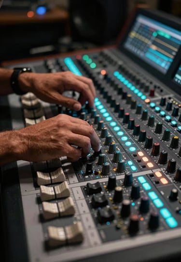 Hands of a musician adjusting a high-tech mixing console with glowing cyan lights in a South American / Colombian production suite. Low key lighting, cinematic feel.