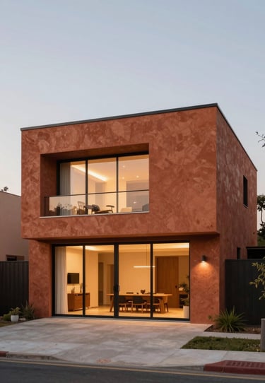Exterior view of a contemporary home at golden hour, featuring #B85C3D terracotta textures and warm, welcoming interior lighting.