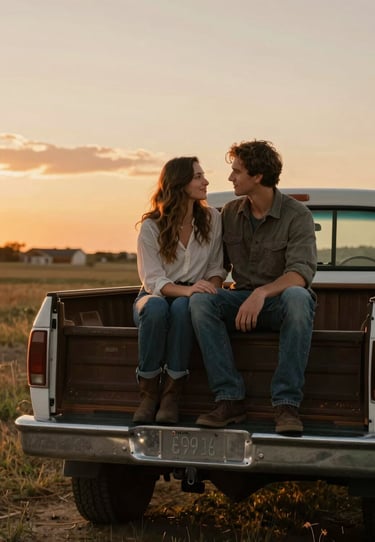 Horizontal shot of a couple sitting on the back of a vintage truck in a North American rural setting. Sunset lighting, cinematic warmth, authentic emotional connection.