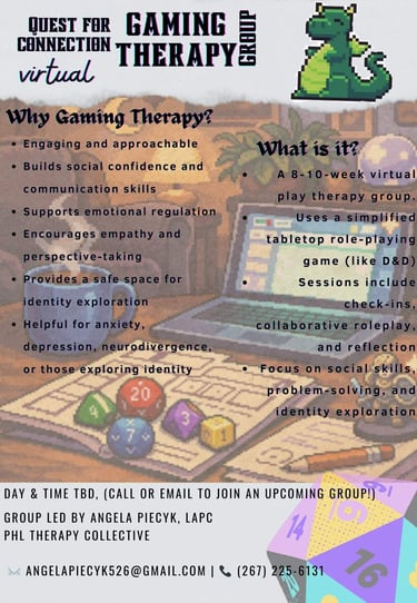 Flyer for Quest Connection, an 8-10 week virtual therapeutic tabletop RPG group for adults and teens