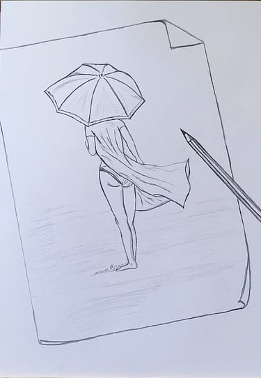 Dibujo de un dibujo con el lápiz. Hecho por Óscar Ocaña Parrón; una muchacha bajo la lluvia con paraguas