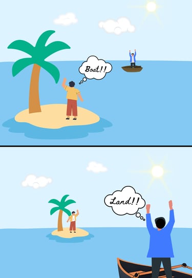 Perspective of a man standing on a small island with a boat in the water