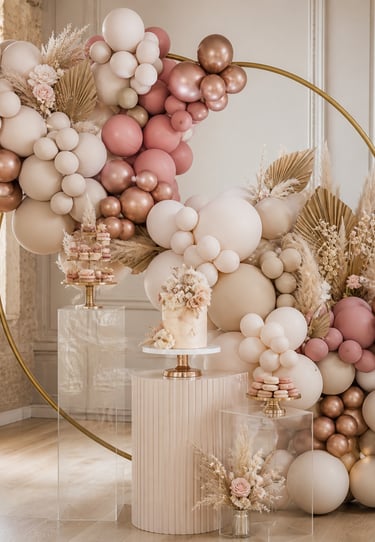 Elegant pink and gold balloon arch backdrop with floral arrangements and cake for a party or wedding.