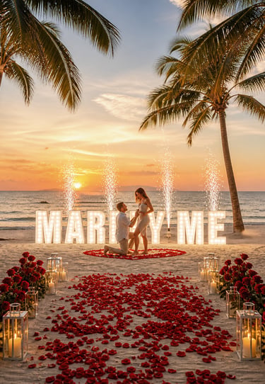 Romantic beach proposal at sunset with Marry Me light up letters, red rose petals, and fireworks.