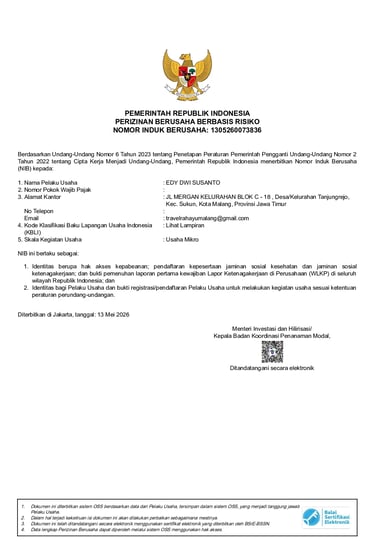 Nomor Induk Berusaha Travel Rahayu Malang, bab 1