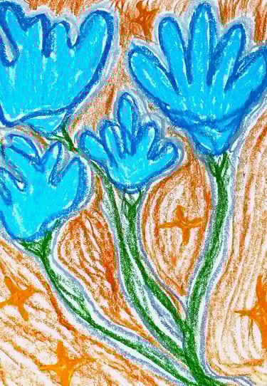 Vibrant oil pastel drawing of four bright blue flowers on green stems against an orange textured background.