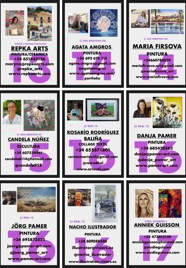 The image shows artists, the location where their work is shown and their contact details.