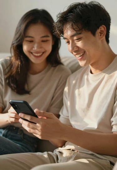 Authentic interaction: A couple laughing while using a financial app together on a couch, bathed in warm sun-drenched lighting. Cinematic and friendly atmosphere.