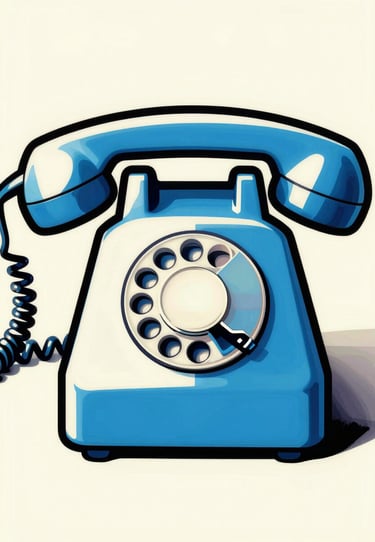 Abstract graphic of a telephone, pop art style, blue #0050B3 and white #FDFDF5, thick black #1A1A1A outlines, vintage print effect.