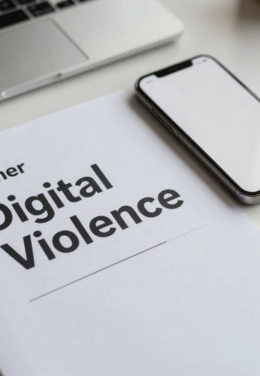 A minimalist close-up shot of a pioneer digital rights paper titled Digital Violence, resting next to a modern smartphone with a clean white interface, on a pristine workspace.