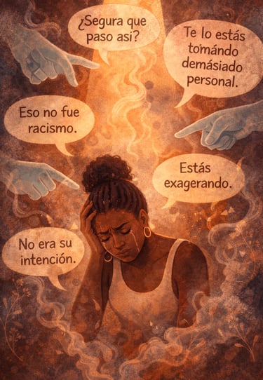 una mujer afro llorando y aislada