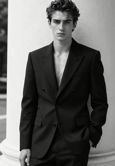 Vogue-style editorial shot, male model leaning against an Off-white column, wearing high-contrast black and white.