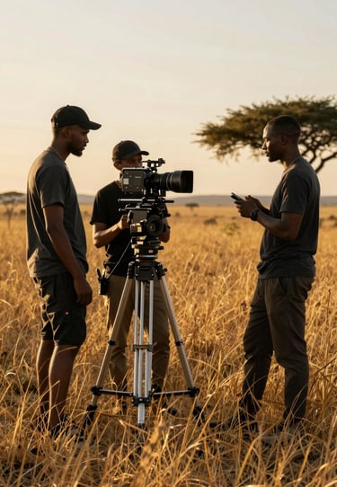 Behind-the-scenes shot of an Angolana film crew working in a golden savanna, sunset lighting, high-contrast photography with gold and dark slate grey accents.