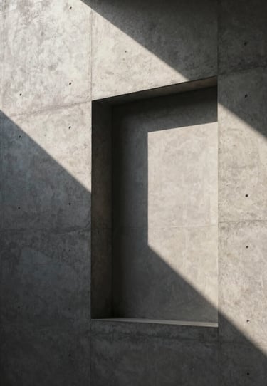 Modern architectural photography of a minimalist concrete wall with sharp geometric shadows, soft natural lighting, International / Western.