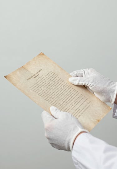 A minimalist shot of a researcher's hands handling an archival document with care, using white cotton gloves. The background is a soft #F1F4F2, conveying expertise and heritage.
