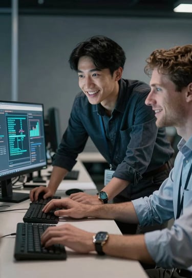 High-end North American corporate workspace with a minimalist desk, a sleek laptop showing a secure interface, and large windows revealing a city skyline in the background, daylight.