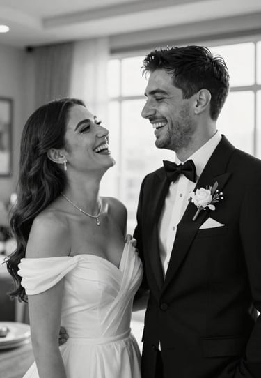 Candid shot of a newlywed couple laughing in a modern Turkish setting, black and white style with a high-end fashion magazine feel. Luxurious and emotional.