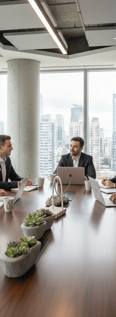 Professional business team having a meeting in a modern skyscraper conference room.