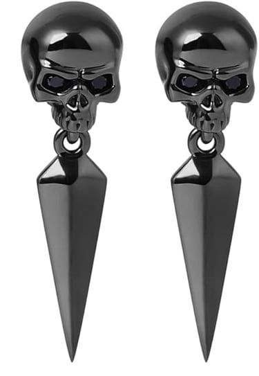 Gothic Earrings in Sterling Silver. Black Skull Drop Pieces with Black Awl 