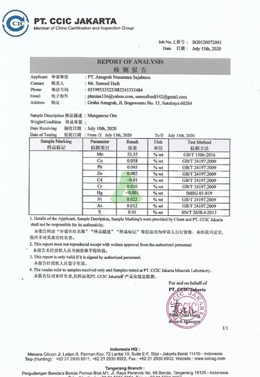 HASIL UJI LAB PT. ANUGRAH NUSANTARA SEJAHTERA - PERUSAHAAN PERTAMBANGAN BATU MANGAN