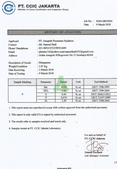 Lab Test Results PT. Anugrah Nusantara Sejahtera - Manganese Stone Mining Company