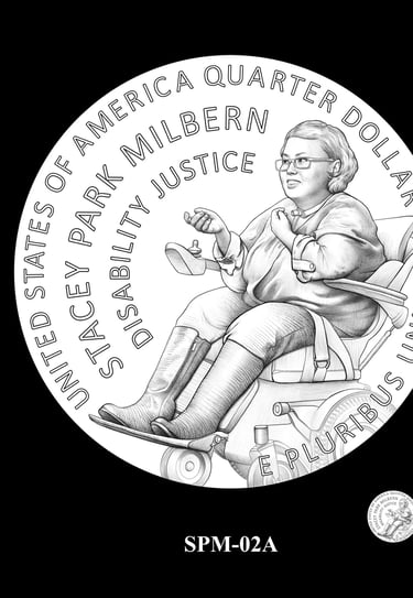 Screenshot of Stacey on the US Quarter. Her hand is facing upwards as she is speaking, her wheelchair is displayed.