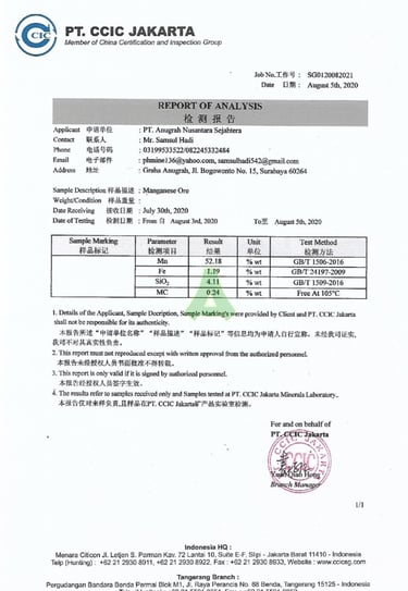 Lab Test Results PT. Anugrah Nusantara Sejahtera - Manganese Stone Mining Company