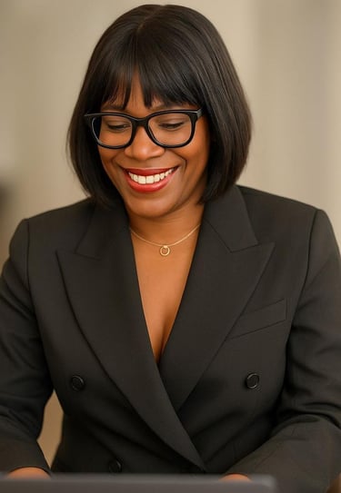 a woman in a suit and glasses smiling