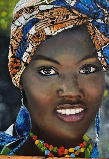 a painting of an afro-american woman with a colorful head scarf