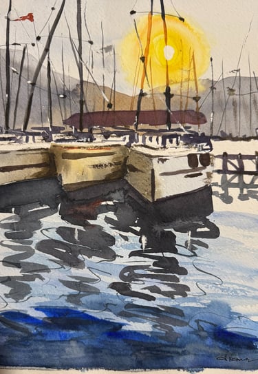 a painting of a marina during the sunset