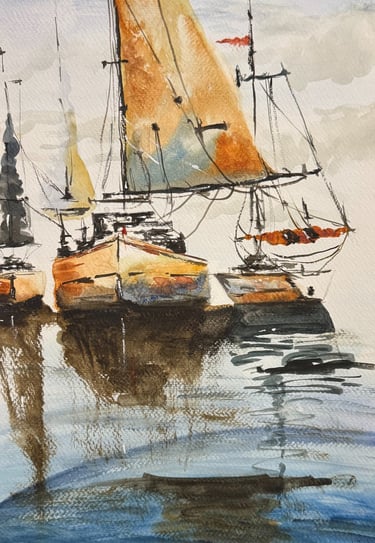 a painting of a group of sailboats in the water