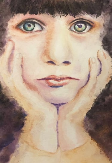 a watercolor painting of a girl with green eyes