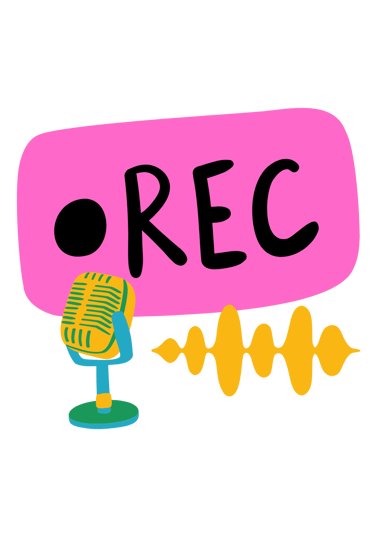 Podcast recording icon with a retro microphone, audio sound wave, and REC symbol.