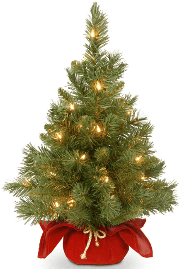 mini Christmas tree with lights and red container with twine bow