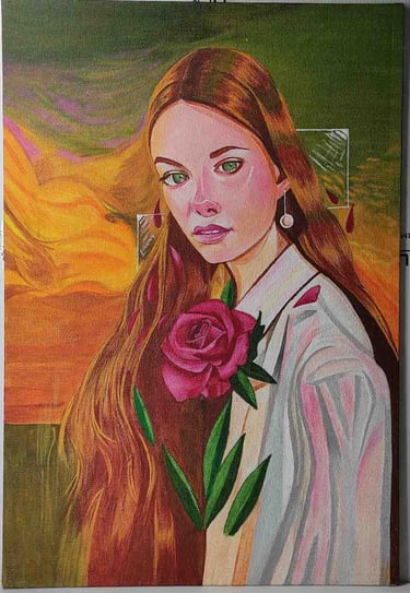 "Hand-painted portrait of a woman with green eyes, golden hair, and a red rose-Meant for export"