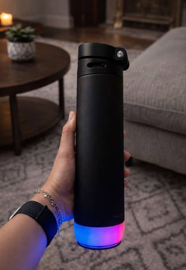 Insulated water bottle with LED base light held in hand for stylish hydration