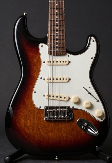Close-up of a handcrafted Stratocaster guitar showing detailed wood grain and metal hardware under warm lighting.