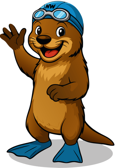 De vrolijke otter mascotte van NextWave zwemschool in Liedekerke met zwembril en badmuts.