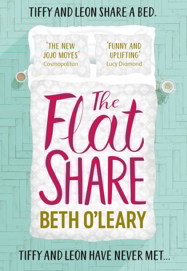Book cover of The Flatshare by Beth O’Leary — white bed with turquoise floor background.