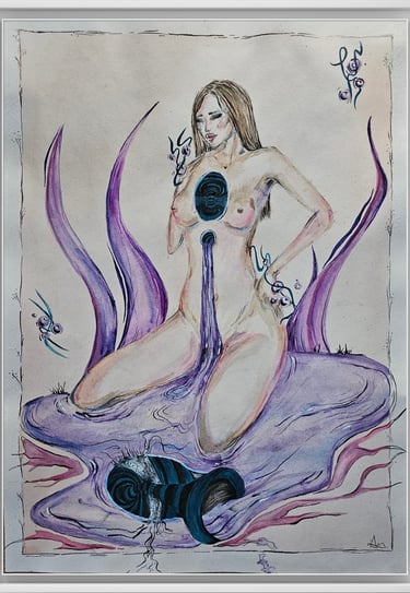 a drawing of a woman sitting , purple illusions watercolour painting , optical illusion