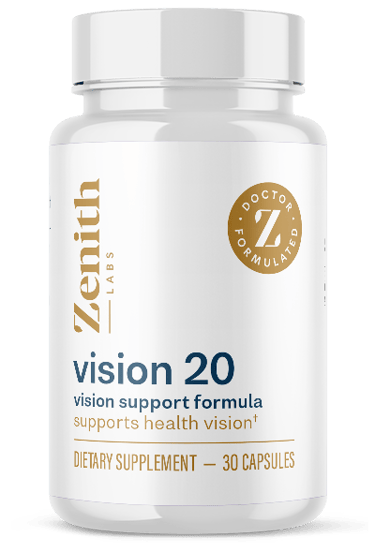 Zenith Labs Vision 20 dietary supplement bottle for eye health support with 30 capsules.