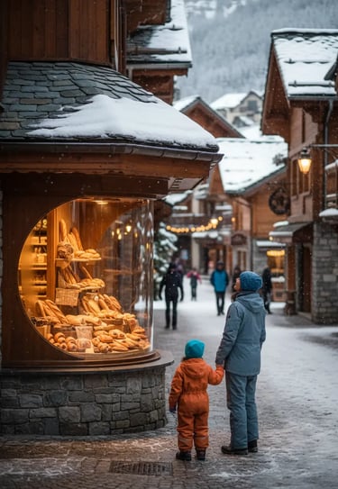 Cozy illuminated storefront in Avoriaz village at dusk with snow-covered chalets in the background.