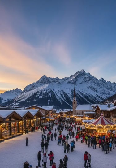 Panoramic twilight view of the snow-covered Courchevel village square, featuring a festive carousel 
