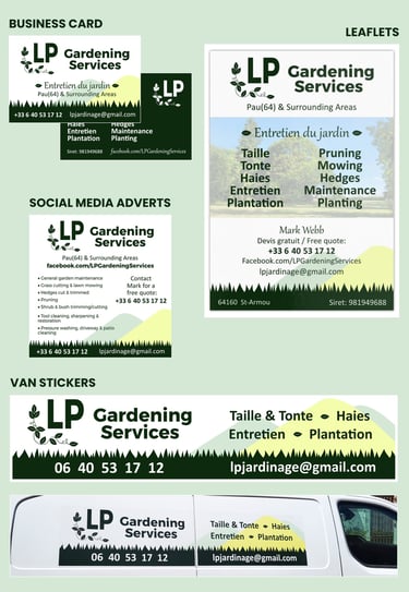 Brand Design project for a gardening company. Leaflets, business cards, van sticker, social media