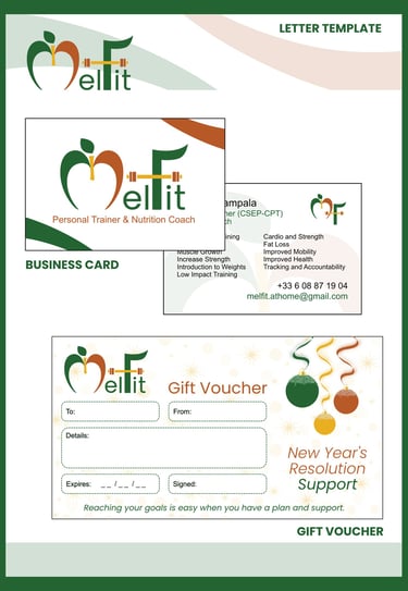 Brand Design - MelFit - Gift Voucher, business card and business stationery