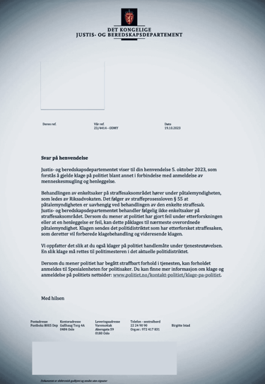 Document form The Norwegian Ministry of Justice, about Zainab Abdulkarim Ali in Oslo - Norway