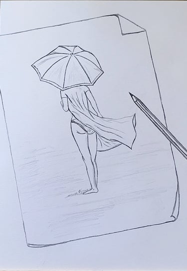 Dibujo de un dibujo con el lápiz. Hecho por Óscar Ocaña Parrón; una muchacha bajo la lluvia con paraguas